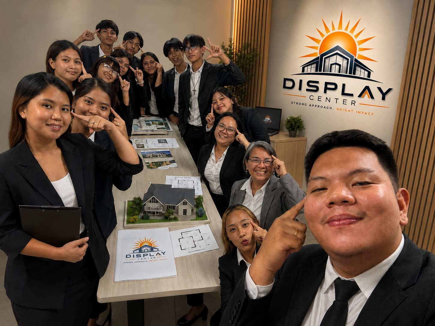 The Display Center team gathered around the boardroom table beneath the company logo