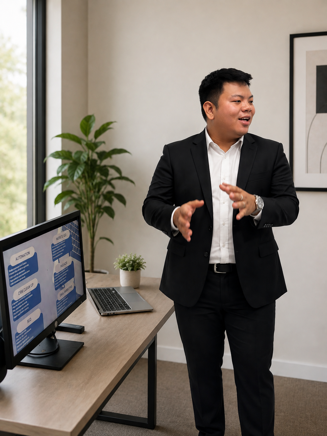 Display Center specialist presenting an automation and marketing system map in the office